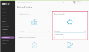 Reports in the left menu in Xello is open with College Planning selected. On the main page, the Saved scholarships tile is highlighted. Inside the tile is an open dropdown called Select report. The options are Saved scholarships, and Saved scholarships by student.